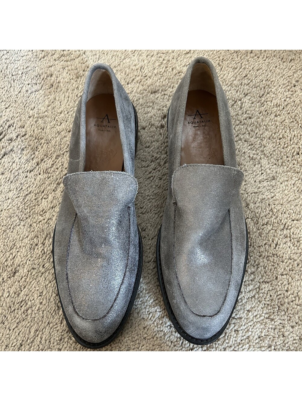Aquatalia Kelsey Suede Metallic Loafer Gray Size 9.5